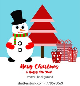 Merry Christmas. Christmas card with snowman, gift, holiday, vector winter background.