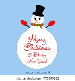 Merry Christmas. Christmas card with snowman, gift, holiday, vector winter background.