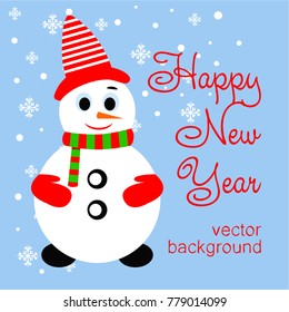 Merry Christmas. Christmas card with snowman, gifts, snow, holiday, vector winter background.