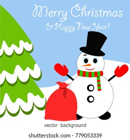 Merry Christmas. Christmas card with snowman, gifts, snow, holiday, vector winter background.