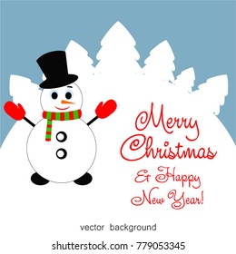 Merry Christmas. Christmas card with snowman, gifts, snow, holiday, vector winter background.