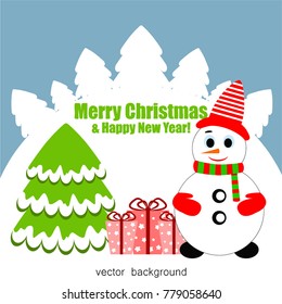 Merry Christmas. Christmas card with snowman, gifts, snow, holiday, vector winter background.