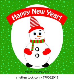 Merry Christmas. Christmas card with snowman, gifts, snow, holiday, vector winter background.