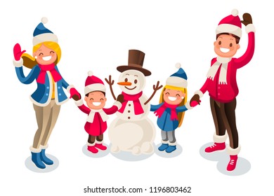 Merry Christmas card with snowman. Happy new year illustration. Family of isometric people cartoon. Winter flat vector design.