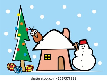 Merry Christmas, christmas card, snowman, house and tree with bird, funny vector illustration, design, art