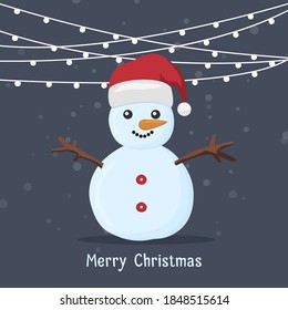 Merry Christmas card with snowman. New year greeting cad for holiday decoration. Cute frozen snowman character. Winter snowy invitation with snowman vector illustration.