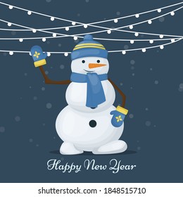 Merry Christmas card with snowman. New year greeting cad for holiday decoration. Cute frozen snowman character. Winter snowy invitation with snowman vector illustration. 