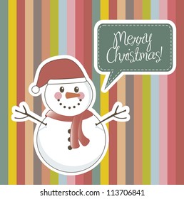 merry christmas card with snowman over stripes. vector illustration