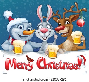 Merry Christmas card with Snowman, Reindeer and Rabbit drinking beer