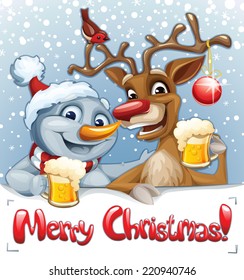 Merry Christmas card with Snowman and Reindeer drinking beer