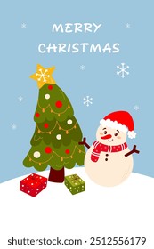 Merry Christmas card with snowman. Simple cute vector