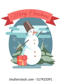 Merry christmas card  with snowman. Vector illustration.