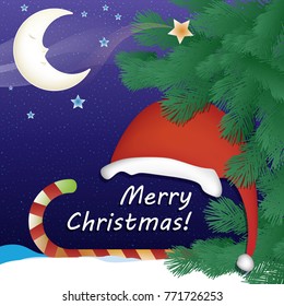 Merry Christmas card with a snowy night background, sleeping cartoon moon, Santa Claus hat, sweet candy in red decorative ribbon and green pine tree branches