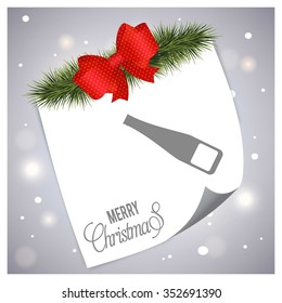 Merry Christmas card with the the sparkling wine Bottle. christmas fir with ribbon banner greeting card