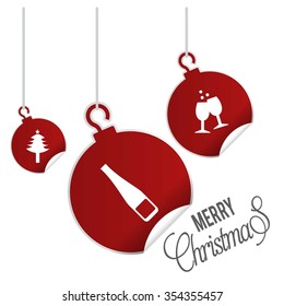 Merry Christmas card with the the sparkling wine Bottle. hanging balls with page curl effect set with Merry Christmas Creative typography isolated on white background