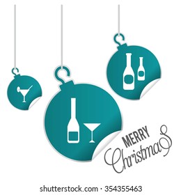 Merry Christmas card with the the sparkling wine Bottle. hanging balls with page curl effect set with Merry Christmas Creative typography isolated on white background