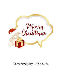 Merry Christmas card with speech bubble and toys. Vector illustration