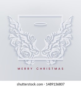 Merry Christmas card with square frame and white angel wings on a light background in the style of layered paper. Merry Christmas congratulation text. Vector illustration.