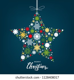 Merry Christmas  card with  star with gold, red and white snowflakes on blue background. Vector illustration with xmas tree decoration.