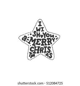 Merry christmas card with star and handdrawn text. Vector new year illustration for design greeting cards, photo overlays, invitations.