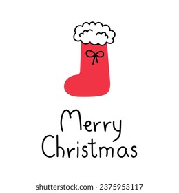 Merry Christmas card with stocking and lettering. Handwritten text with traditional red sock. Xmas card. Vector illustration.
