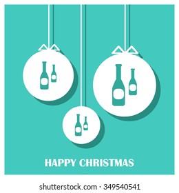Merry Christmas card, stylized Christmas champagne on decorative background. Happy new year celebration wallpaper. Xmas decorated tree icon. vector Greeting Card illustration