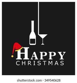Merry Christmas card, stylized Christmas champagne on decorative background. Happy new year celebration wallpaper. Xmas decorated tree icon. vector Greeting Card illustration