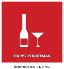 Merry Christmas card, stylized Christmas champagne on decorative background. Happy new year celebration wallpaper. Xmas decorated tree icon. vector Greeting Card illustration