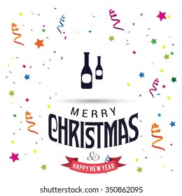 Merry Christmas card, stylized Christmas champagne on decorative background. Happy new year celebration wallpaper. vector Greeting Card illustration
