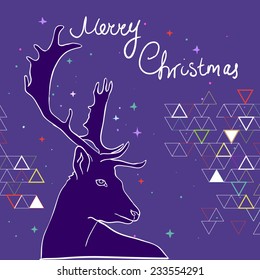 merry christmas card with stylized deer on geometric triangle background