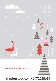 Merry Christmas Christmas card . Stylized Christmas deers, mountains, snowflakes, Christmas trees, simple minimalistic scandinavian style