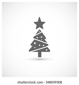 Merry Christmas card, stylized Christmas tree on decorative background. Design elements for holiday cards. Gray color Xmas decorated tree icon. vector illustration