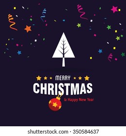 Merry Christmas card, stylized Christmas tree on decorative background. Design elements for holiday cards. vector Greeting Card illustration. Carnival with many confetti and streamers