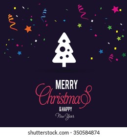 Merry Christmas card, stylized Christmas tree on decorative background. Design elements for holiday cards. vector Greeting Card illustration. Carnival with many confetti and streamers