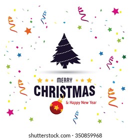 Merry Christmas card, stylized Christmas tree on decorative background. Design elements for holiday cards.  Xmas decorated tree icon. vector Greeting Card illustration
