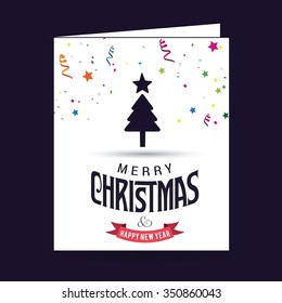 Merry Christmas card, stylized Christmas tree on decorative background. Design elements for holiday cards.  Xmas decorated tree icon. vector Greeting Card illustration
