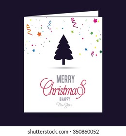 Merry Christmas card, stylized Christmas tree on decorative background. Design elements for holiday cards.  Xmas decorated tree icon. vector Greeting Card illustration
