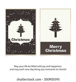 Merry Christmas card, stylized Christmas tree on decorative background. Design elements for holiday cards.  Xmas decorated tree icon. vector Greeting Card illustration