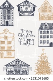 Merry Christmas card template. Architecture sketch. Christmas fair flyer. Hand-drawn vector illustration. Winter decoration. NOT AI generated