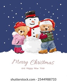 Merry Christmas card template with beare doll couple and snowman on snow background vector illustration