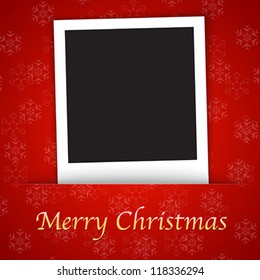 Merry Christmas Card Template With Blank Photo Frame On The Red Background. Vector Illustration