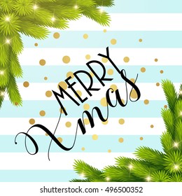 Merry Christmas card template design with realistic branches, lights. Christmas Poster. Vector illustration. Blue, gold, white colors. Merry Xmas greeting card.