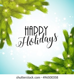 Merry Christmas card template design with realistic branches, lights. Christmas Poster. Vector illustration. Blue, gold, white colors. Merry Xmas greeting card.