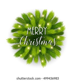 Merry Christmas card template design with realistic branches, lights. Christmas Poster. Vector illustration.Blue, gold, white colors.Merry Christmas. Merry Christmas. Merry Christmas. Merry Christmas.