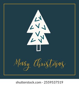 Merry Christmas card template. Elegant holiday greeting poster design with inscription. Modern vector illustration of Christmas trees for print, social media