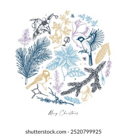 Merry Christmas card template. Evergreen plants, flower, bird sketches. Winter vector design. Hand-drawn botanical illustrations. NOT AI generated image