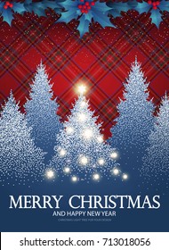 Merry Christmas Card Template with Fir Tree, Snow, Holly Berry, Tartan Pattern, Flash Effect and Shining Snowflakes. Vector illustration
