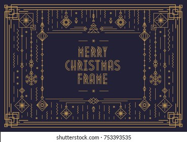 Merry Christmas Card Template With Frame And New Year Toy Art Deco Line Style Gold Color On Black Background For Poster, Greeting Card, Invitation, Party, Flyer. Vector Illustration