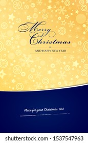 Merry Christmas card template with golden pattern, blue background and place for your text - vector illustration