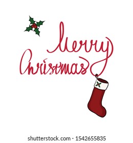 Merry christmas card template. Greeting postcard with christmas sock and mistletoe plant.